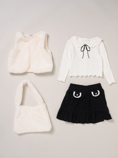 Miss White Faux Fur Gilet Bag Rib Top And Skirt Set image 1