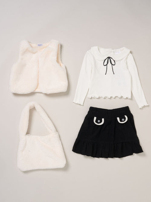 Miss White Faux Fur Gilet Bag Rib Top And Skirt Set image 1