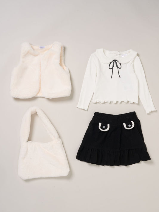 Miss White Faux Fur Gilet Bag Rib Top And Skirt Set image 1