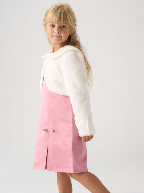 Miss Pink Satin Shift Dress Faux Fur Cardigan and Bow Clip Set image 1