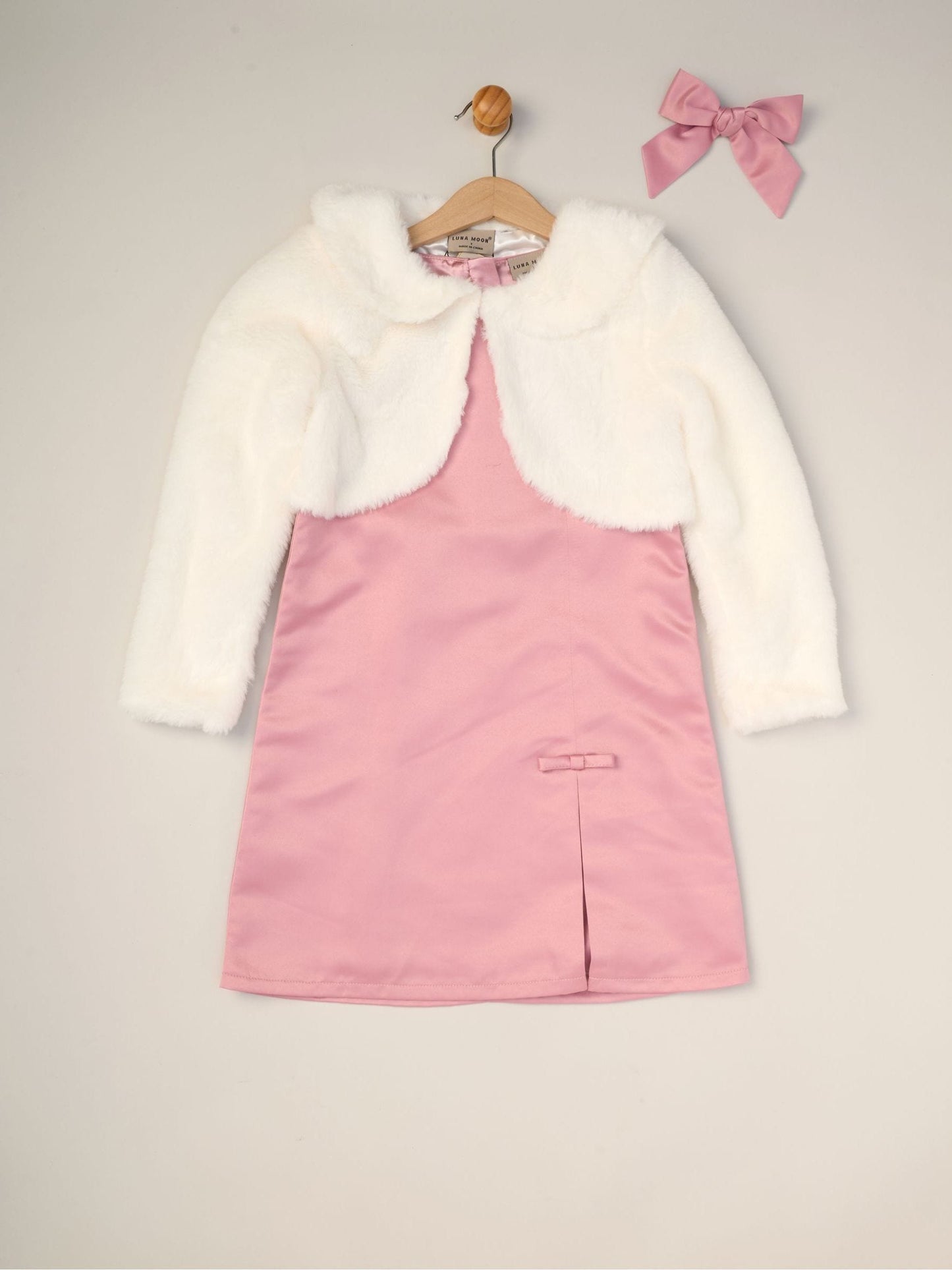 Miss Pink Satin Shift Dress Faux Fur Cardigan and Bow Clip Set image 4