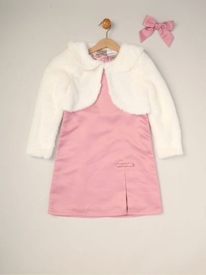 Miss Pink Satin Shift Dress Faux Fur Cardigan and Bow Clip Set image 4