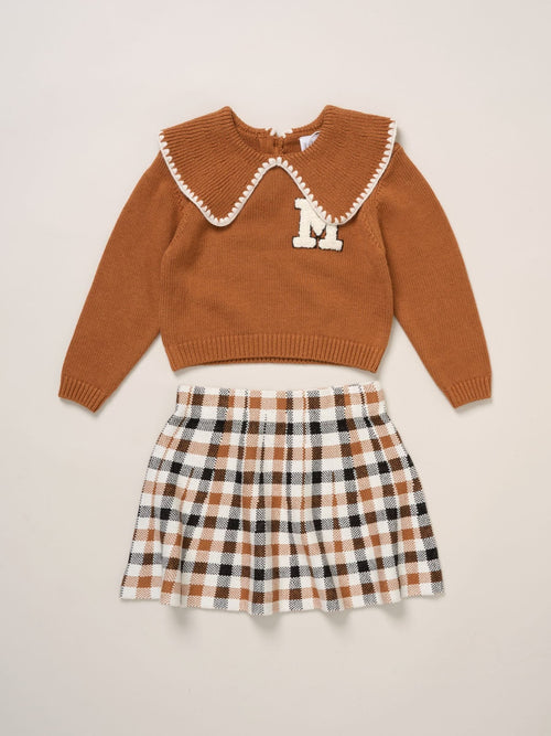 Dsiney Kidz - Miss Brown True Knit Jumper With Woven Collar And Check Skirt Set image 1