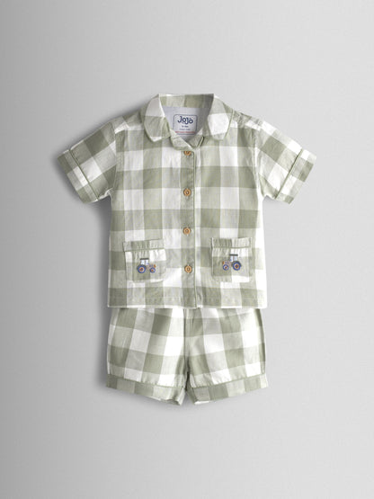 JoJo Maman Bébé Green Tractor Gingham Embroidered Woven Classic Pyjamas - image 1