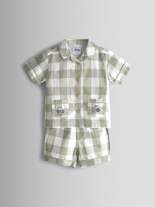 JoJo Maman Bébé Green Tractor Gingham Embroidered Woven Classic Pyjamas - image 1