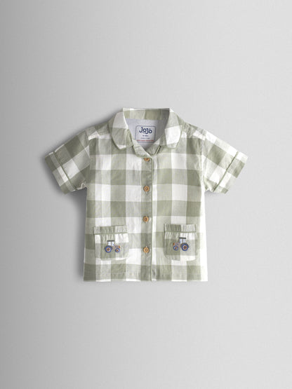 JoJo Maman Bébé Green Tractor Gingham Embroidered Woven Classic Pyjamas - image 2
