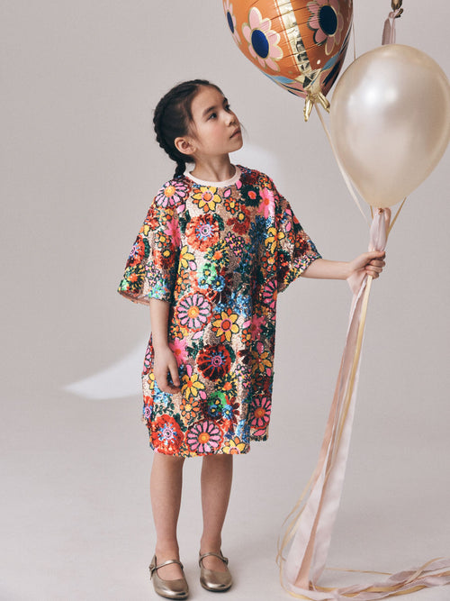 Dsiney Kidz - Multi Pink Floral Sequin T-Shirt Dress (3-16yrs) image 1