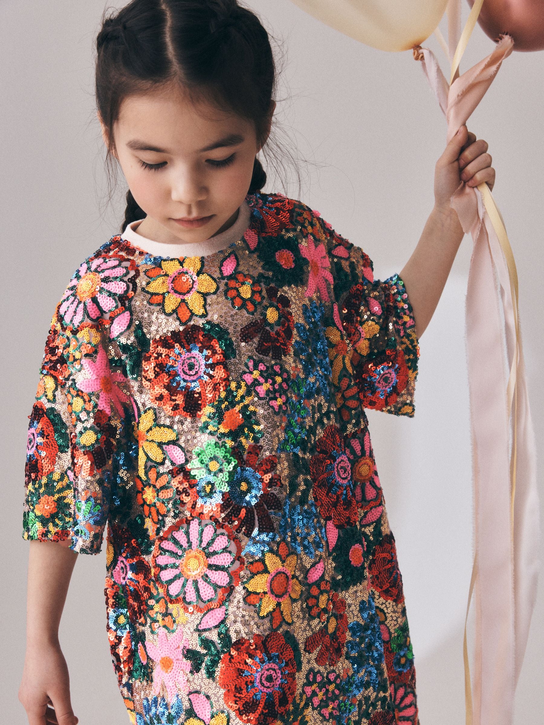 Multi Pink Floral Sequin T-Shirt Dress (3-16yrs) image 2