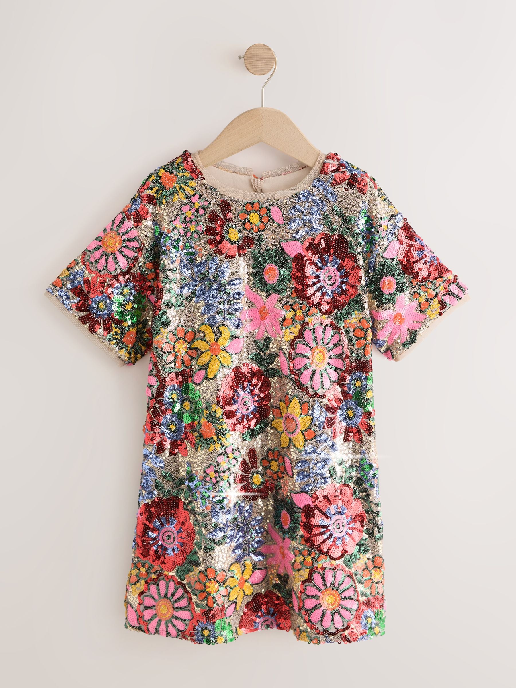 Multi Pink Floral Sequin T-Shirt Dress (3-16yrs) image 5