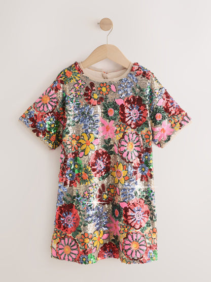 Multi Pink Floral Sequin T-Shirt Dress (3-16yrs) image 5