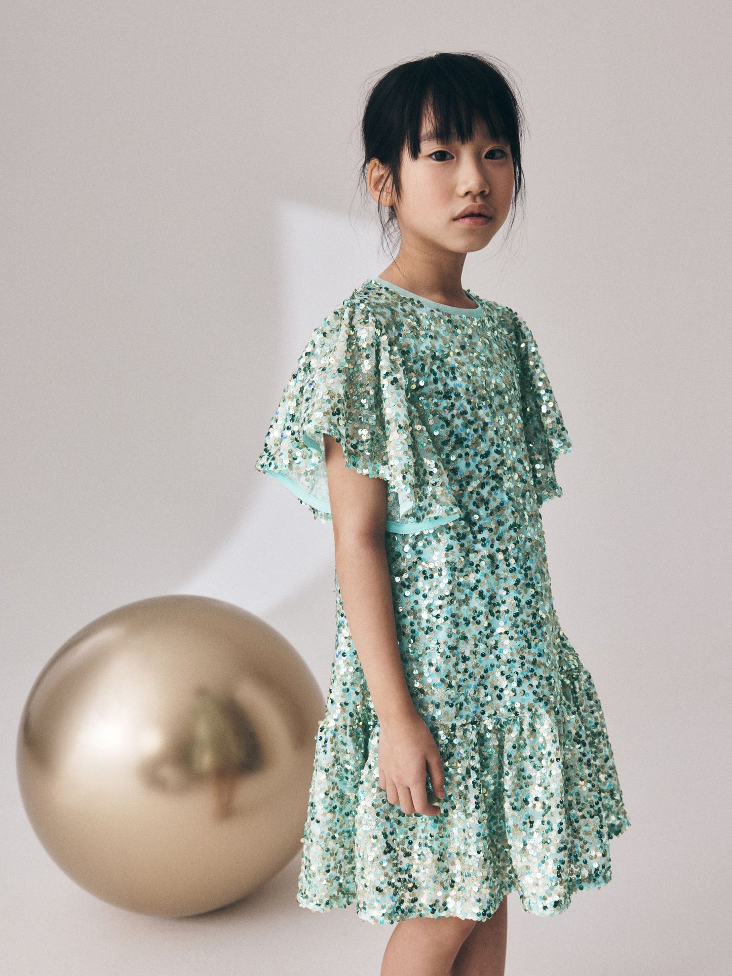 Mint Green Angel Sleeve Sequin Peplum Party Dress (3-16yrs) image 3