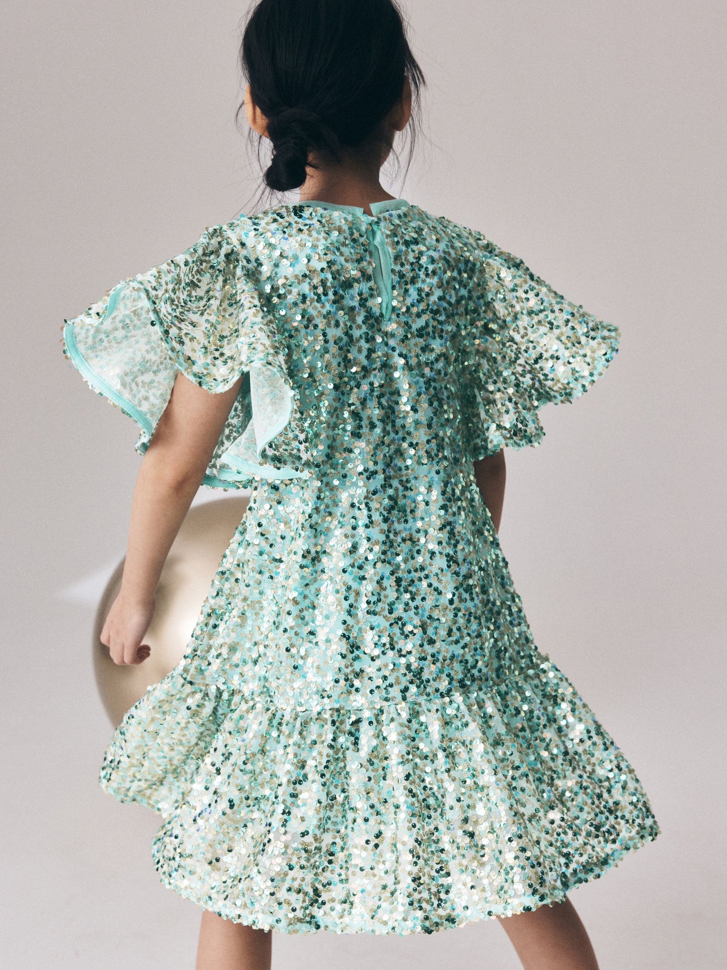 Mint Green Angel Sleeve Sequin Peplum Party Dress (3-16yrs) image 4