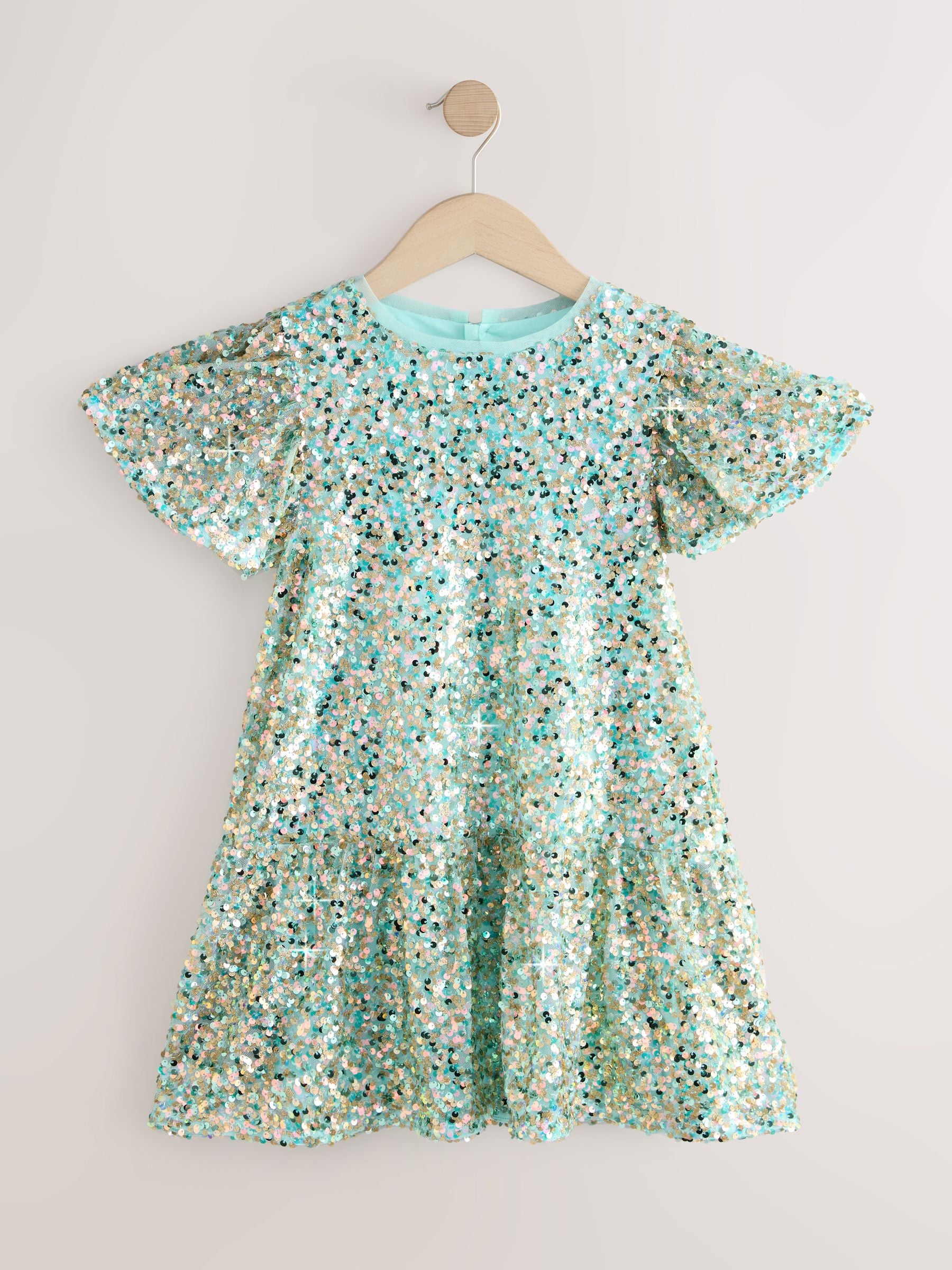 Mint Green Angel Sleeve Sequin Peplum Party Dress (3-16yrs) image 5