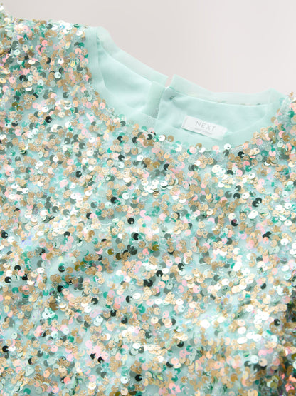 Mint Green Angel Sleeve Sequin Peplum Party Dress (3-16yrs) image 8
