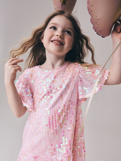 Pink Angel Sleeve Sequin Peplum Party Dress (3-16yrs) image 5