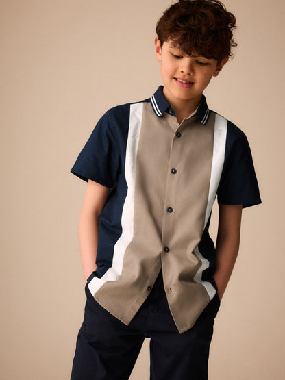 Dsiney Kidz - Tan/Navy Splice Short Sleeve Smart Shirt (3-16yrs) image 1