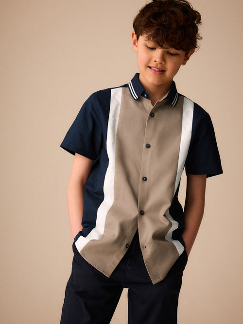 Dsiney Kidz - Tan/Navy Splice Short Sleeve Smart Shirt (3-16yrs) image 1