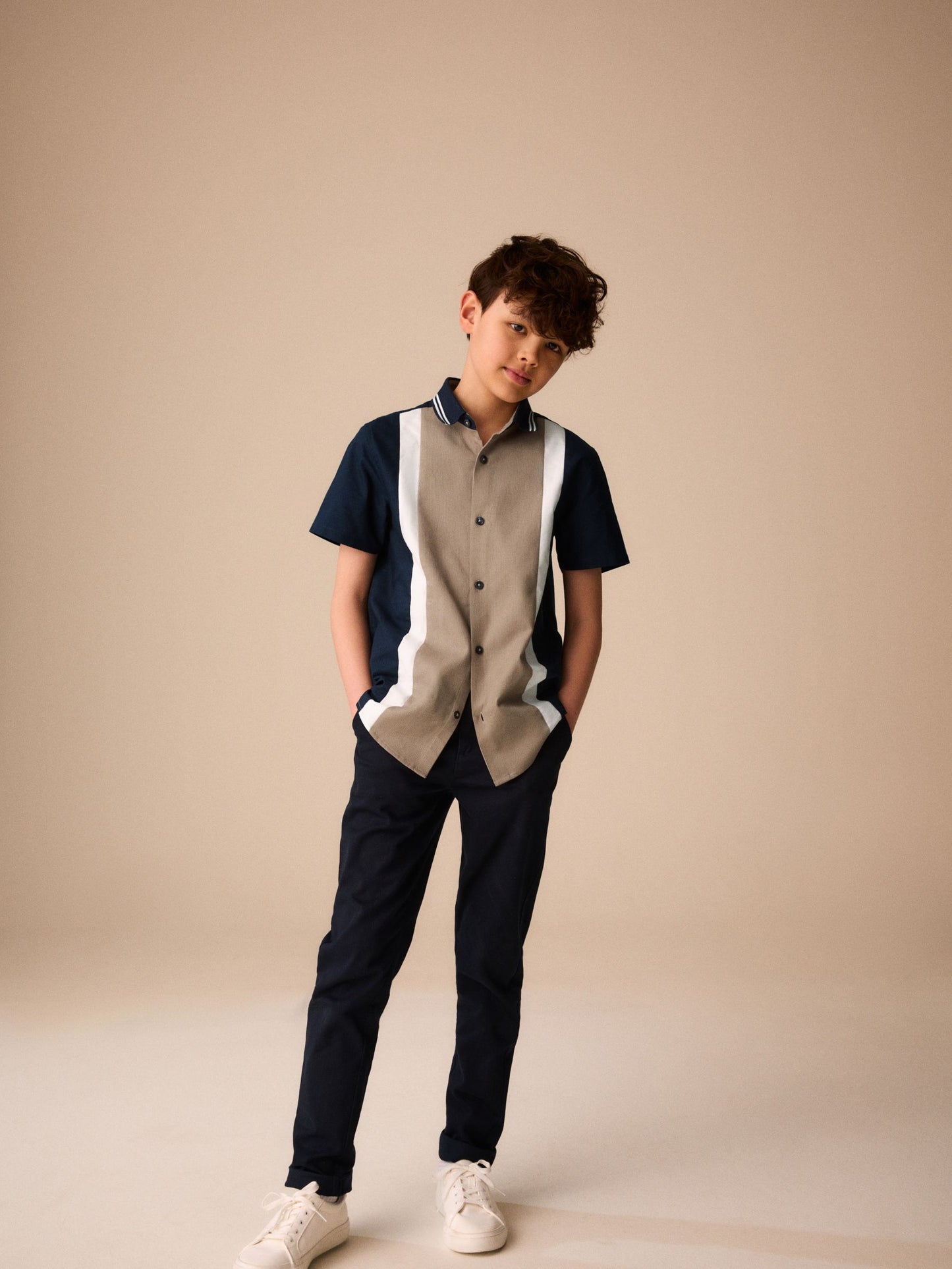 Dsiney Kidz - Tan/Navy Splice Short Sleeve Smart Shirt (3-16yrs) image 2
