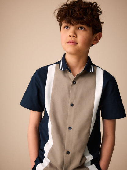Dsiney Kidz - Tan/Navy Splice Short Sleeve Smart Shirt (3-16yrs) image 4