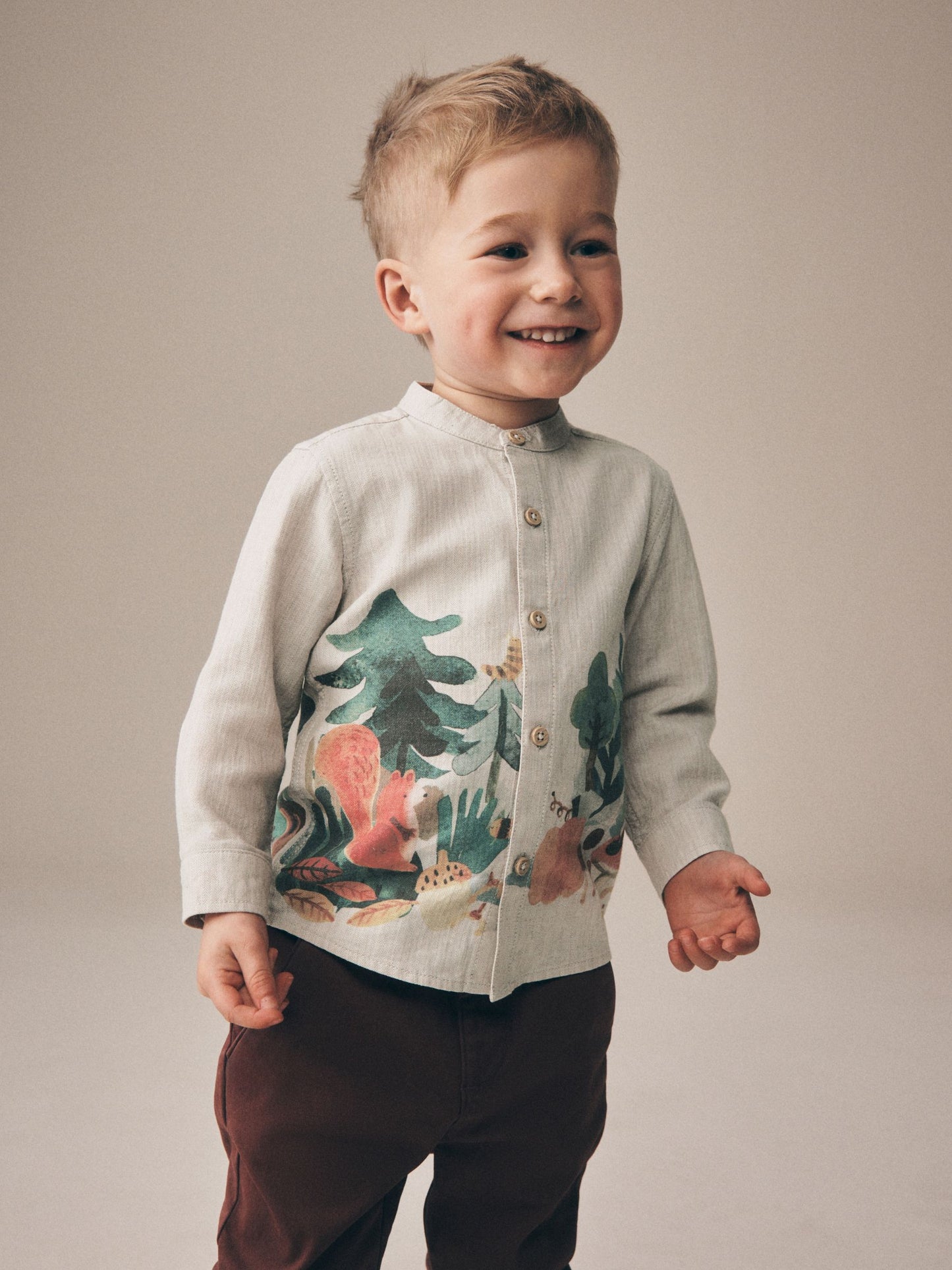 Dsiney Kidz - Neutral Forest Scene Long Sleeve Grandad Collar Scene Printed Shirt (3mths-10yrs) image 1