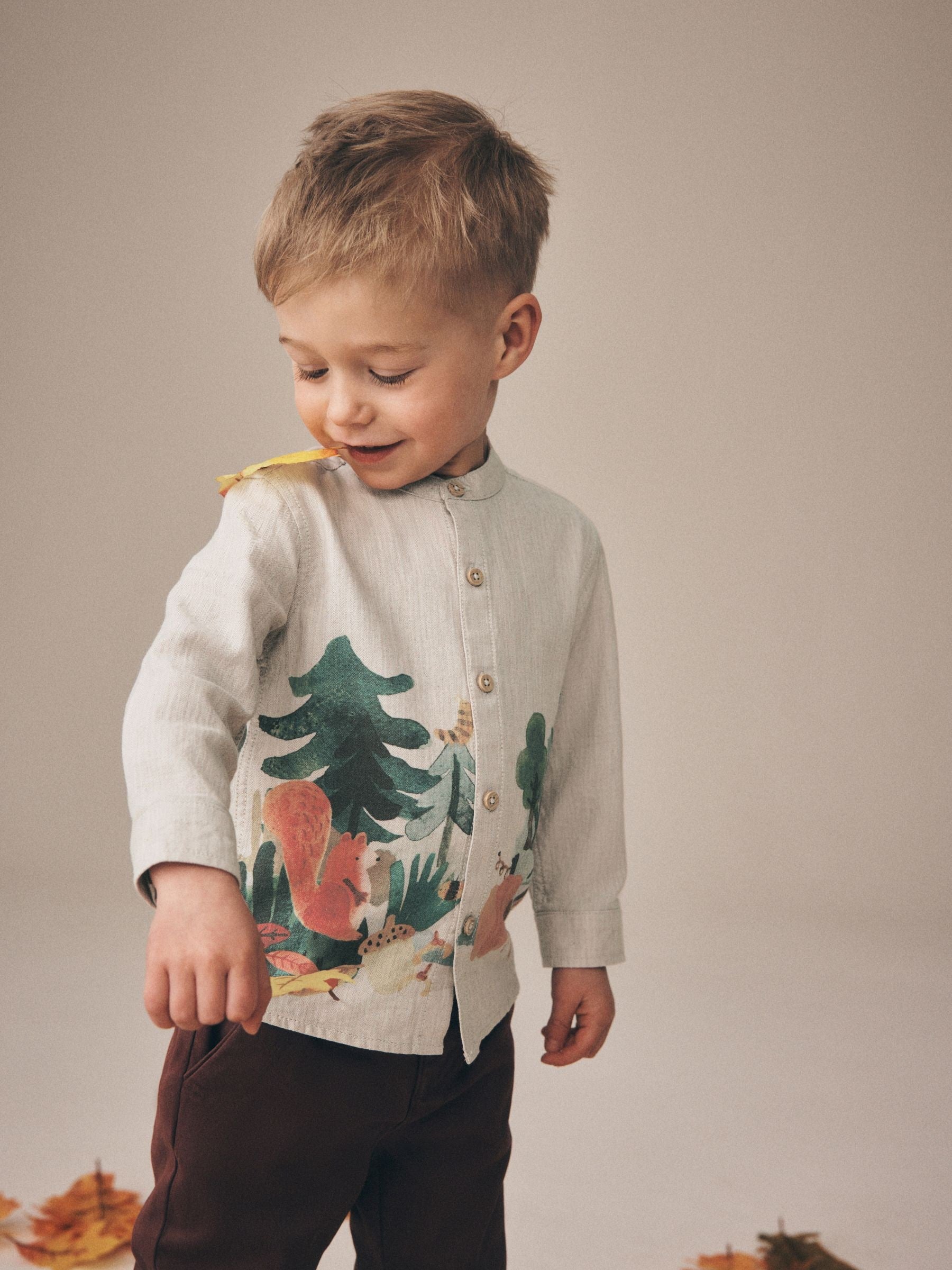 Dsiney Kidz - Neutral Forest Scene Long Sleeve Grandad Collar Scene Printed Shirt (3mths-10yrs) image 2