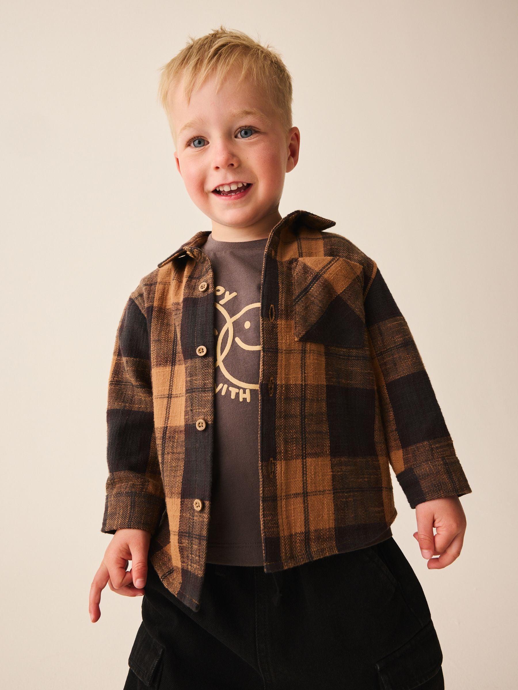 Dsiney Kidz - Brown Check Long Sleeve Shirt and T-Shirt Set 2 Piece (3mths-7yrs) image 1