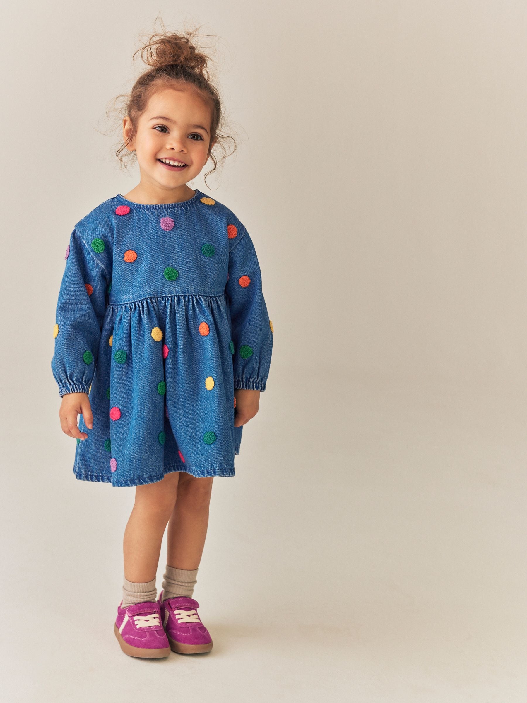 Dsiney Kidz - Blue Denim Long Sleeve Boucle Spot Dress (3mths-8yrs) image 1