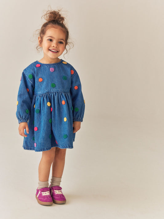 Dsiney Kidz - Blue Denim Long Sleeve Boucle Spot Dress (3mths-8yrs) image 1