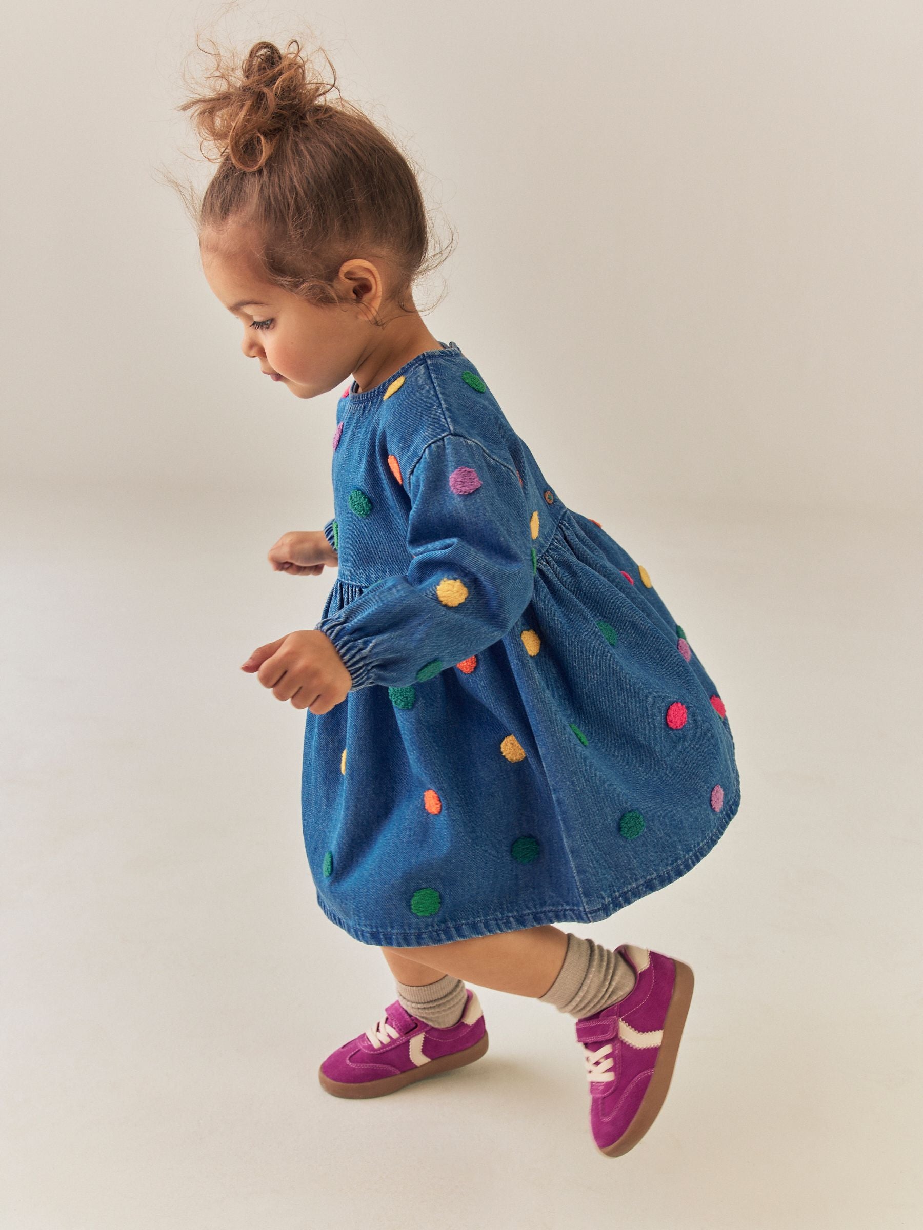 Dsiney Kidz - Blue Denim Long Sleeve Boucle Spot Dress (3mths-8yrs) image 2