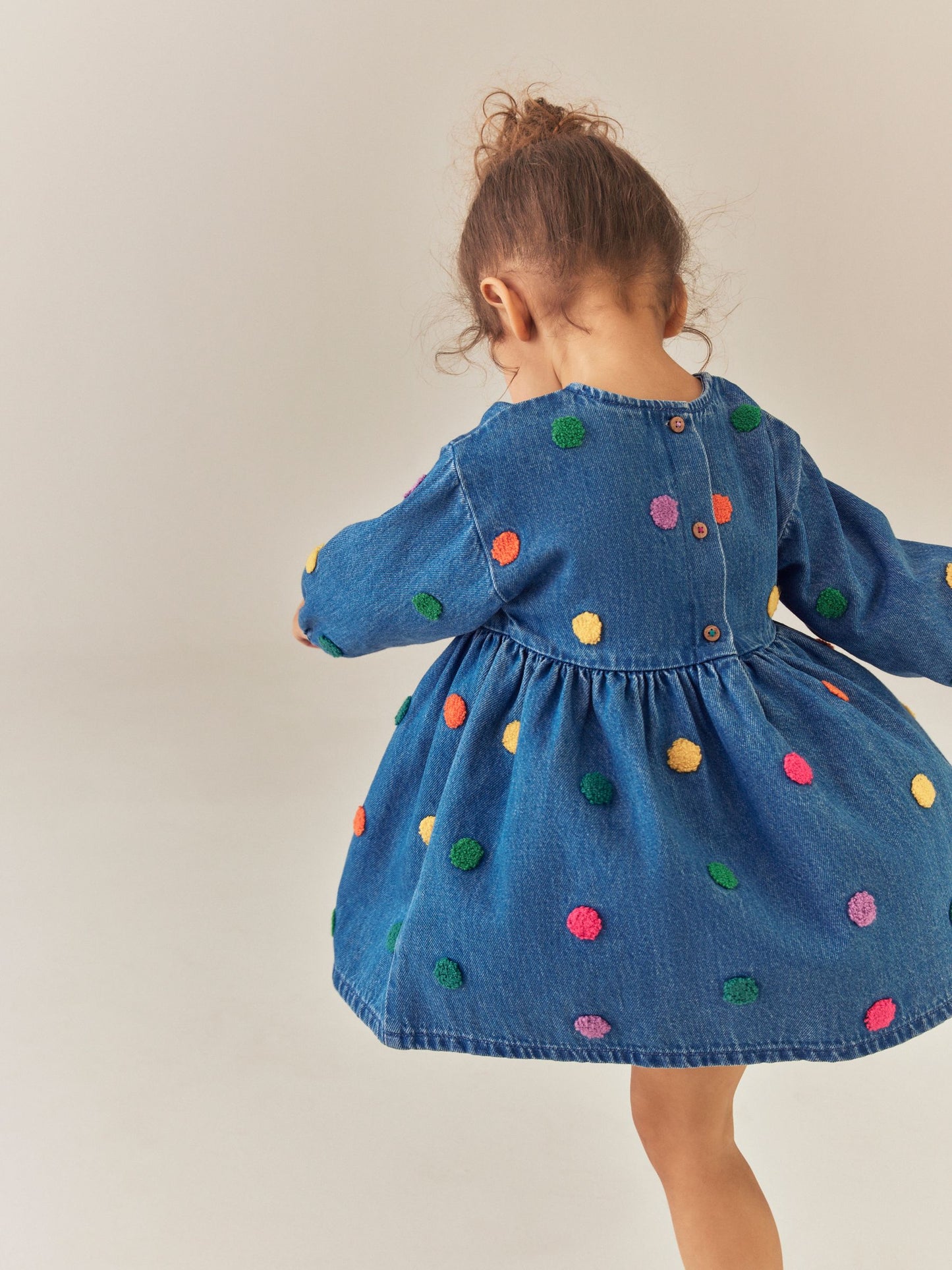 Dsiney Kidz - Blue Denim Long Sleeve Boucle Spot Dress (3mths-8yrs) image 3