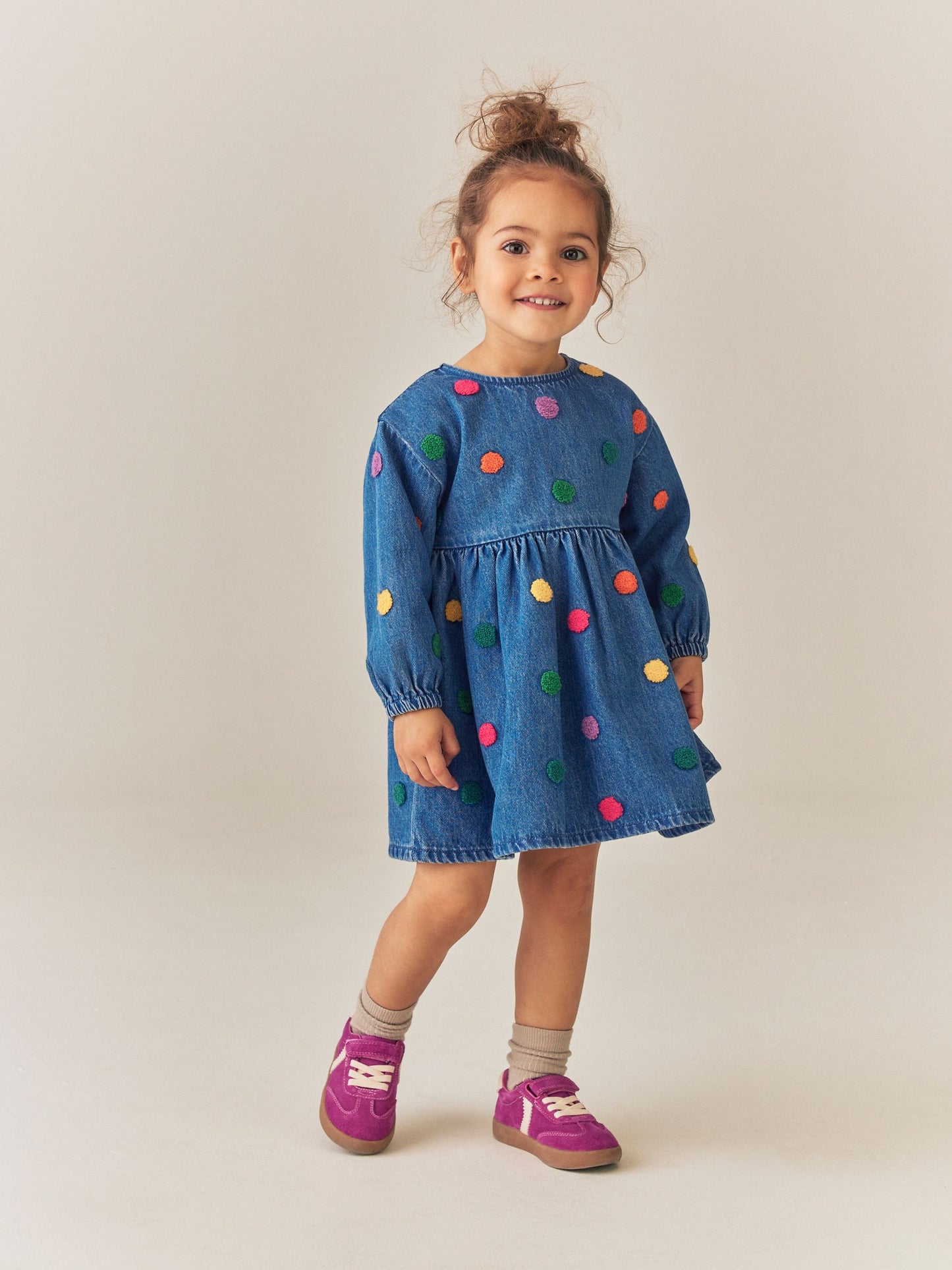 Dsiney Kidz - Blue Denim Long Sleeve Boucle Spot Dress (3mths-8yrs) image 4