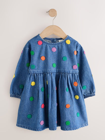 Dsiney Kidz - Blue Denim Long Sleeve Boucle Spot Dress (3mths-8yrs) image 5