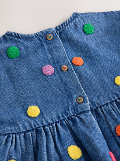 Dsiney Kidz - Blue Denim Long Sleeve Boucle Spot Dress (3mths-8yrs) image 7