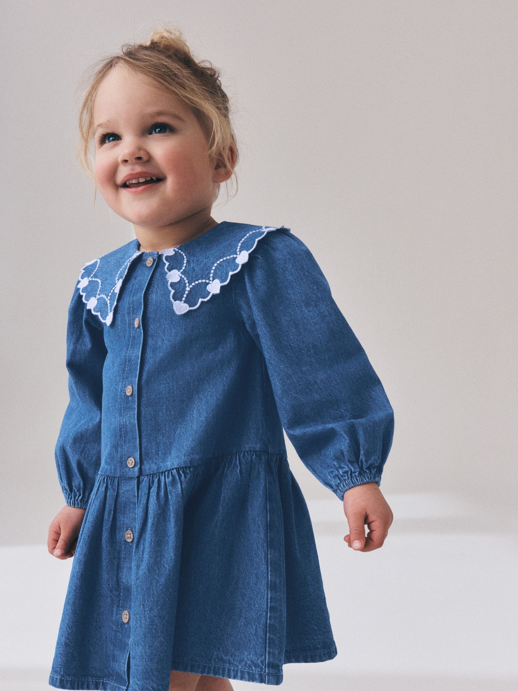 Dsiney Kidz - Blue Denim Long Sleeve Embroidered Collar Dress (3mths-8yrs) image 1