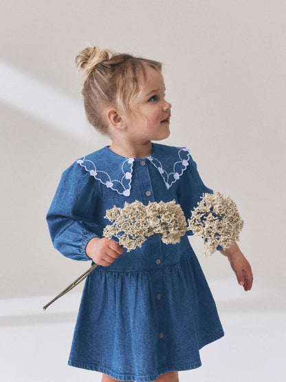 Dsiney Kidz - Blue Denim Long Sleeve Embroidered Collar Dress (3mths-8yrs) image 2
