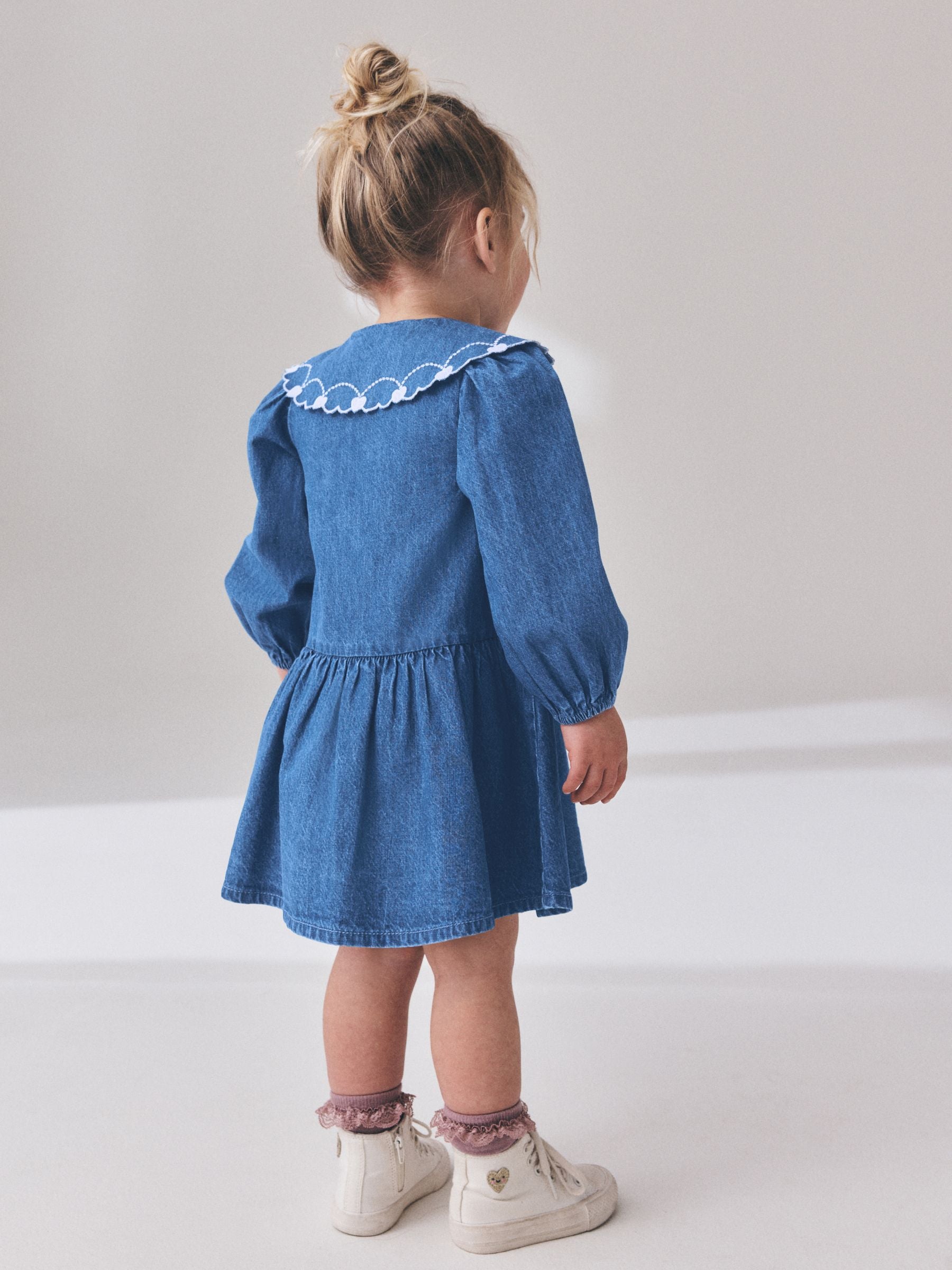 Dsiney Kidz - Blue Denim Long Sleeve Embroidered Collar Dress (3mths-8yrs) image 3