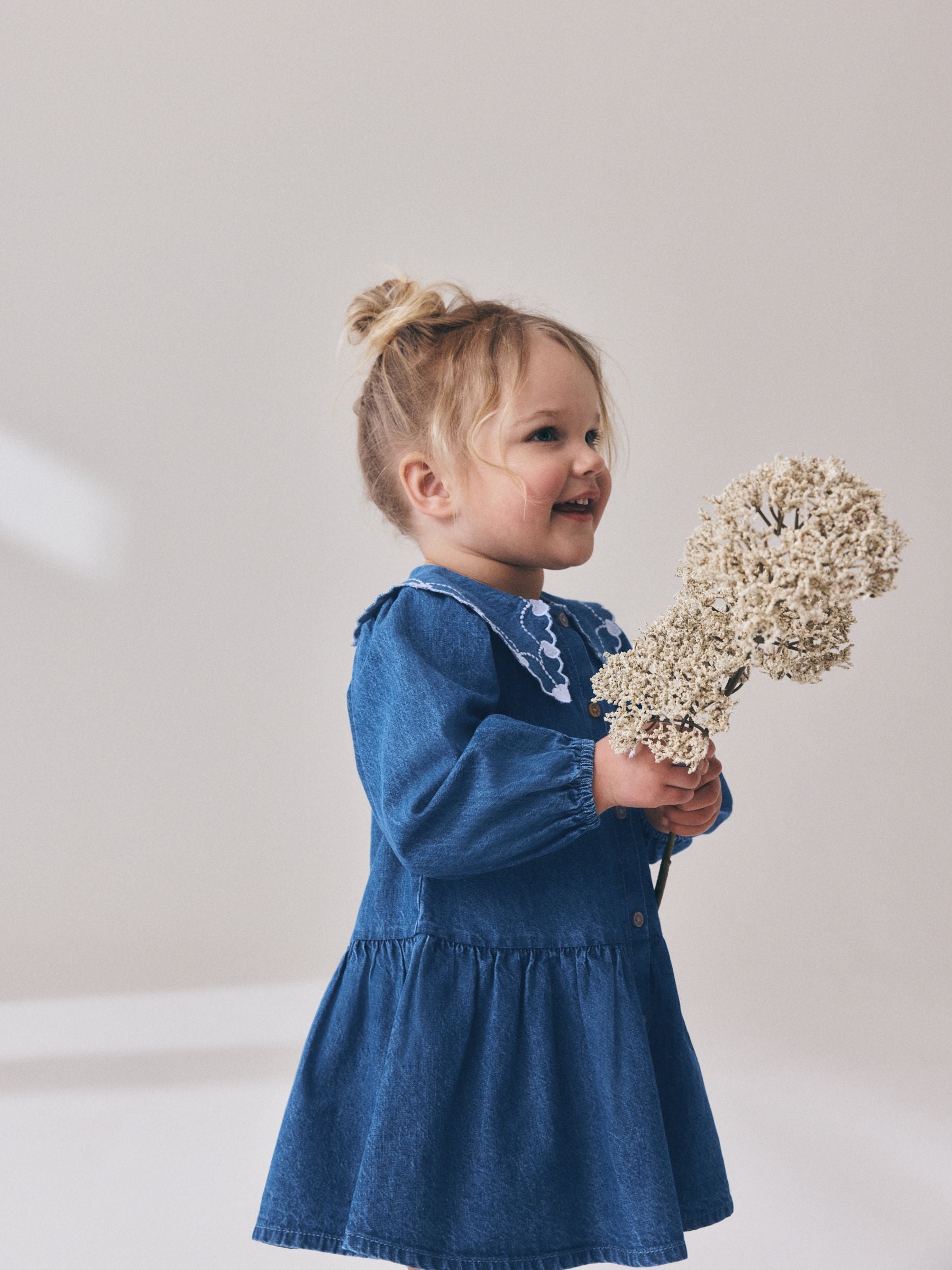 Dsiney Kidz - Blue Denim Long Sleeve Embroidered Collar Dress (3mths-8yrs) image 4