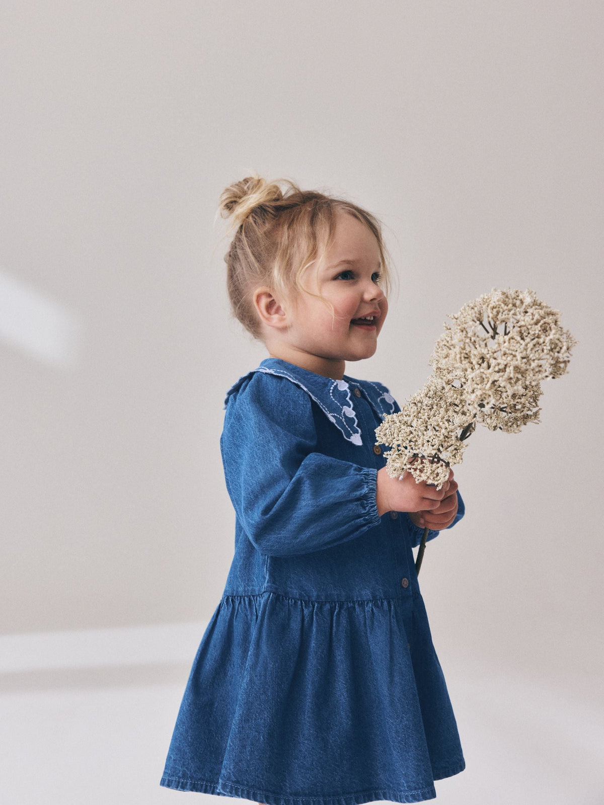 Dsiney Kidz - Blue Denim Long Sleeve Embroidered Collar Dress (3mths-8yrs) image 4