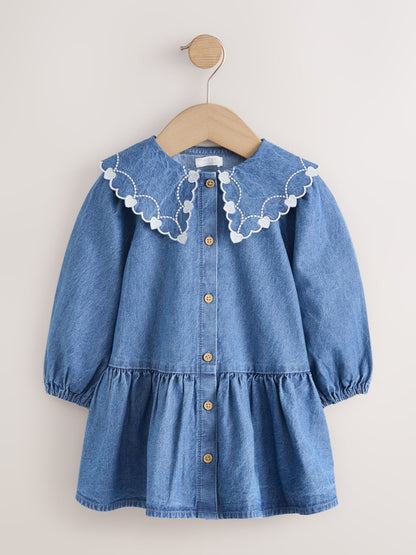 Dsiney Kidz - Blue Denim Long Sleeve Embroidered Collar Dress (3mths-8yrs) image 5