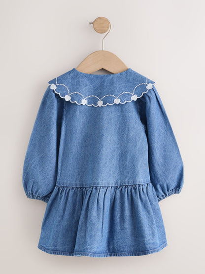 Dsiney Kidz - Blue Denim Long Sleeve Embroidered Collar Dress (3mths-8yrs) image 6
