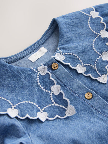Dsiney Kidz - Blue Denim Long Sleeve Embroidered Collar Dress (3mths-8yrs) image 7