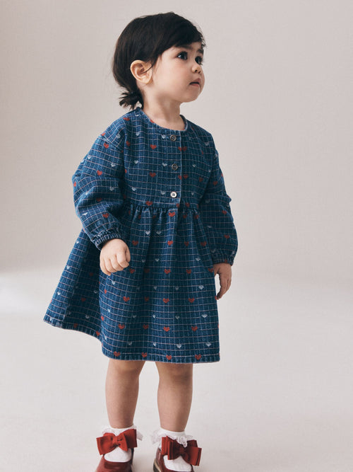 Dsiney Kidz - Blue Denim Jaquard Heart Denim Long Sleeve Dress (3mths-8yrs) image 1