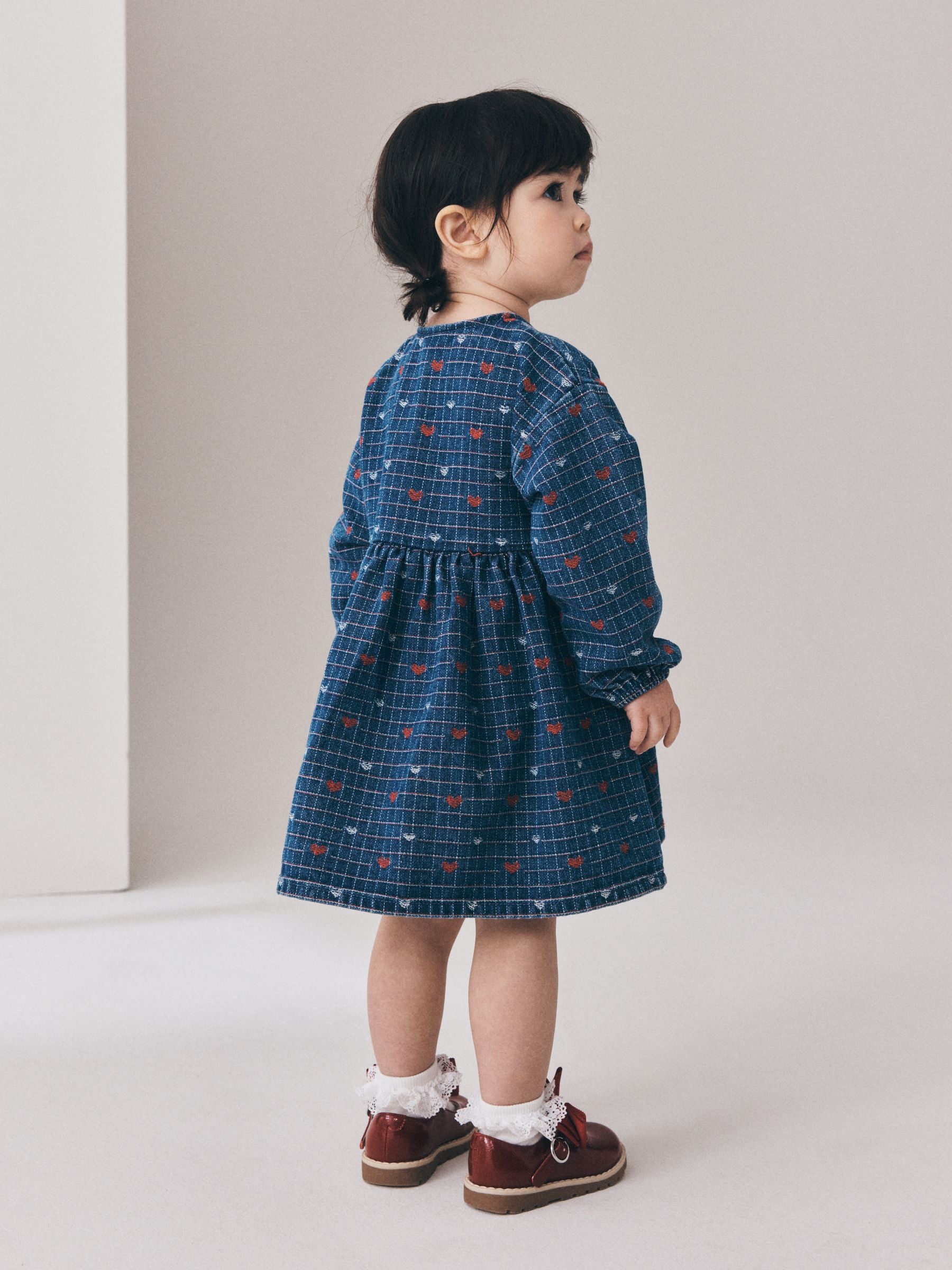 Blue Denim Jaquard Heart Denim Long Sleeve Dress (3mths-8yrs) image 3
