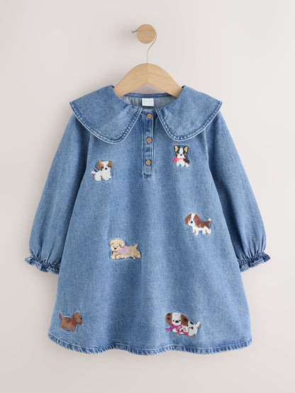 Dsiney Kidz - Blue Denim Embroidered Dog Character Collar Dress (3mths-8yrs) image 5
