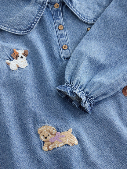 Dsiney Kidz - Blue Denim Embroidered Dog Character Collar Dress (3mths-8yrs) image 7