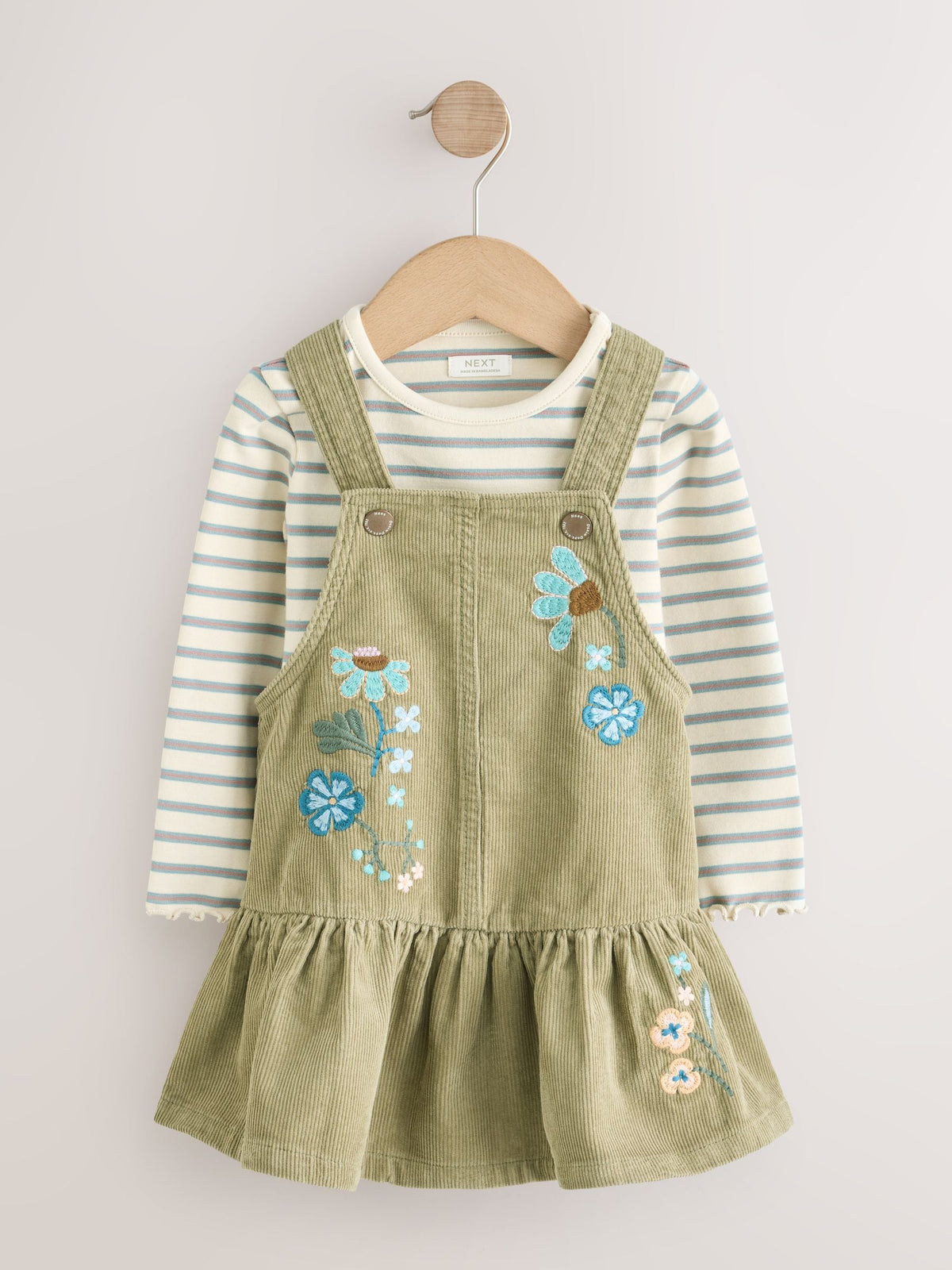 Dsiney Kidz - Olive Green Long Sleeve Top and Cord Dungaree Dress Set (3mths-8yrs) image 5