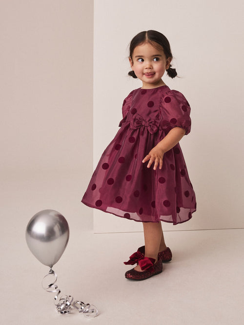 Burgundy Red Puff Sleeve Bow Detail Occasion Dress (3mths-8yrs) - image 1