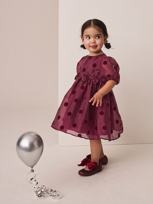 Burgundy Red Puff Sleeve Bow Detail Occasion Dress (3mths-8yrs) - image 1
