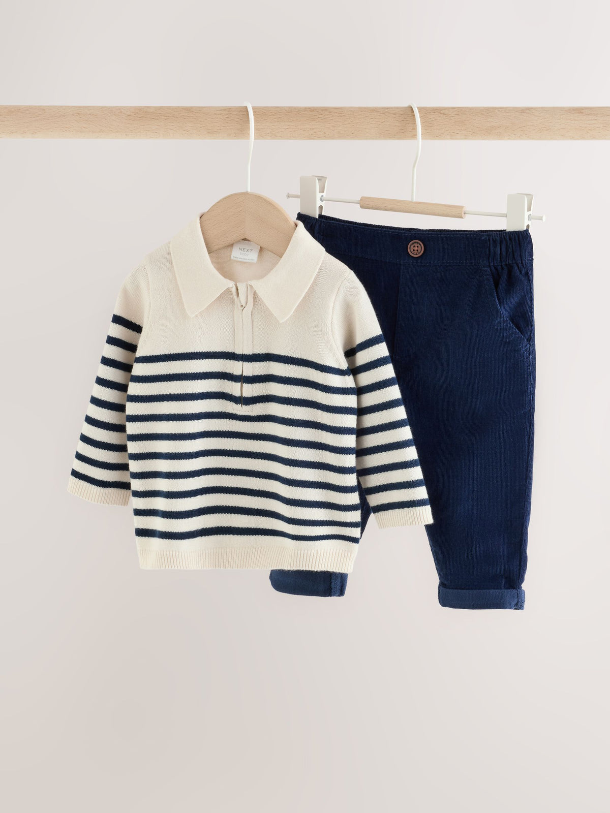 Blue/Cream Stripe Baby Collared Knitted Top and Trousers Set (0mths-2yrs) - image 1