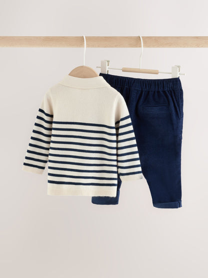 Blue/Cream Stripe Baby Collared Knitted Top and Trousers Set (0mths-2yrs) - image 4
